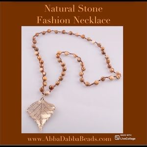 Natural Stone Necklace with Gold Leaf Charm